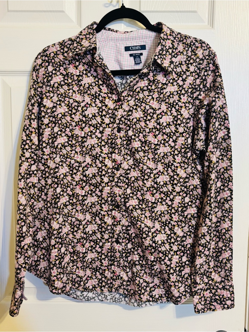 Chaps Women's Black Button-Down Shirt with Pink Floral Print No-Iron Large